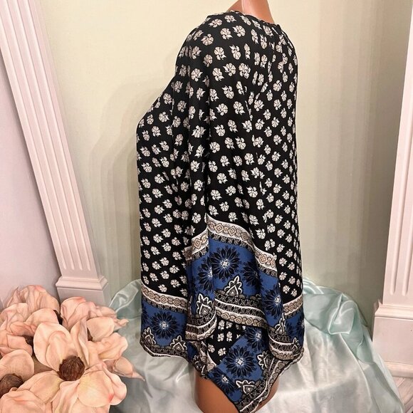 New Directions. Sz Small. Semi Sheer Border Print. Elastic Neck. Boho. B35 - Picture 4 of 4